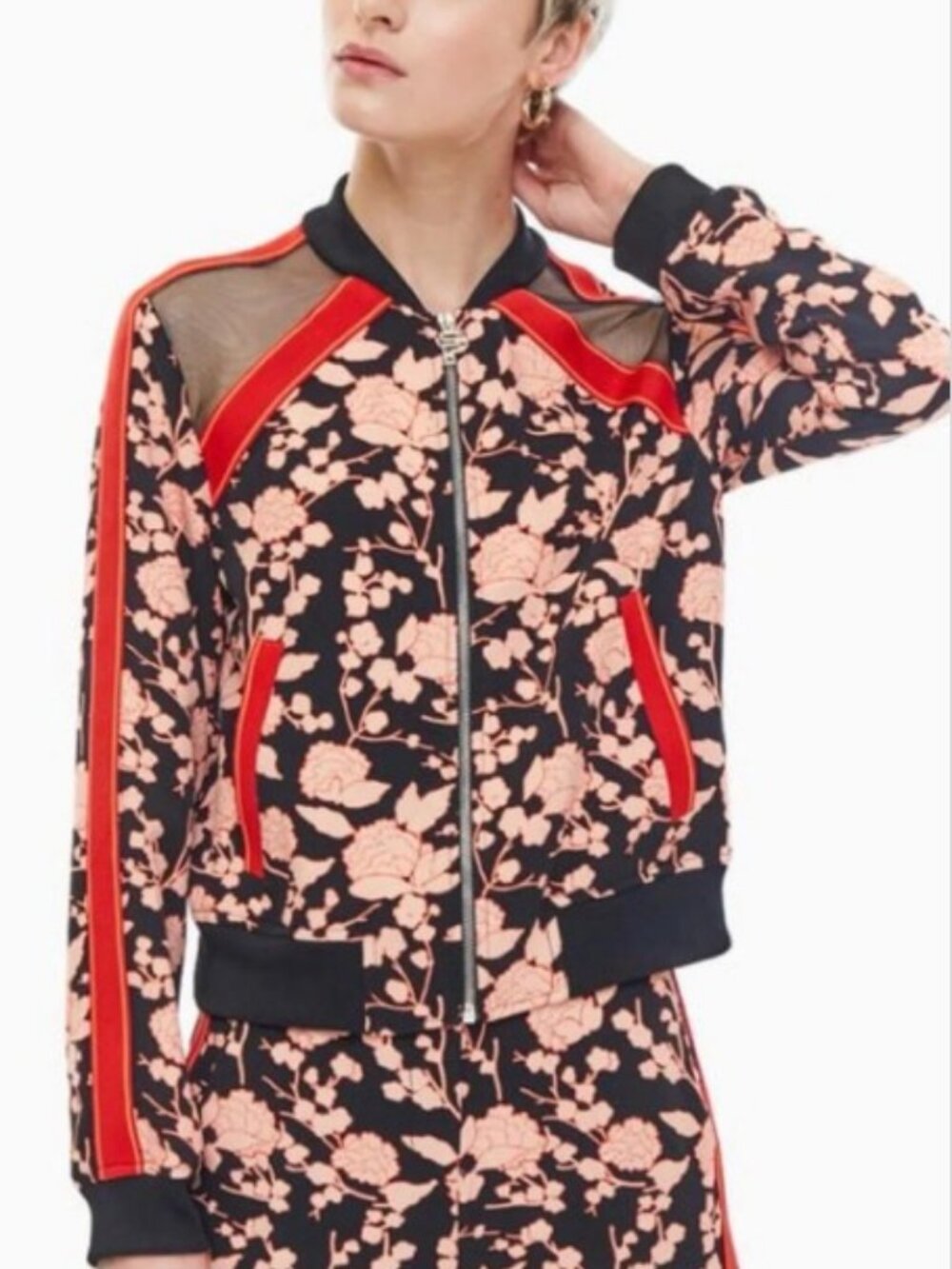 Pinko statement floral bomber jacket black, red, blush pink women's size 8